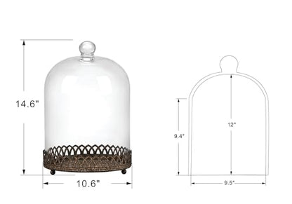 Twakutwku 14" Tall Large Sturdy Handmade Glass Cloche Dome with Metal Base in Rustic Brown for Plant, Terrarium, Collectibles, Candle. Cloche Glass Dome, Bell Jar Display Case (Brown, 14") - color: Brown, size: 14"