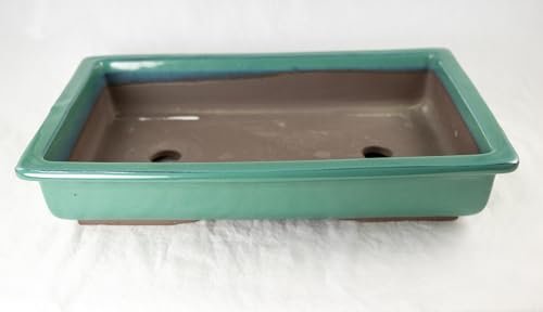 Japanese Yokkaichi Green Glazed Rectangular Slim Forest & Raft Bonsai Pot + Mesh (12"x 8.5"x 2")
