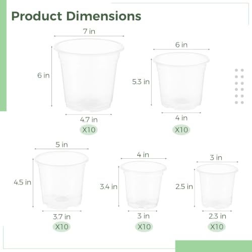 50 Pack 3/4/5/6/7 Inch Clear Nursery Pots with Drainage Holes, Thickened Transparent Plastic Plant Pots, Starter Potting Containers for Observing Root Growth, Indoor & Outdoor Use