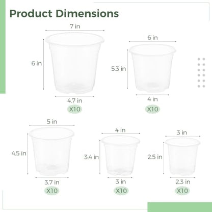 50 Pack 3/4/5/6/7 Inch Clear Nursery Pots with Drainage Holes, Thickened Transparent Plastic Plant Pots, Starter Potting Containers for Observing Root Growth, Indoor & Outdoor Use