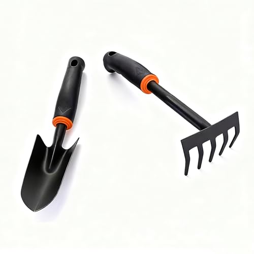 Garden Tool Set, 2 Pieces, including1 Shovel &1 Rake, Rust-Resistant lron Tools, Rubber Grip Handles
