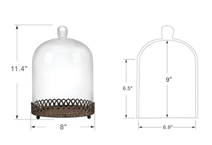 Twakutwku 12" Tall Large Sturdy Handmade Glass Cloche Dome with Metal Base in Rustic Brown for Plant, Terrarium, Collectibles, Candle. Cloche Glass Dome, Bell Jar Display Case (Brown, 12") - color: Brown, size: 12"