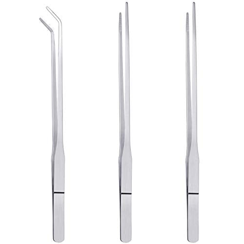 3PCS 10.6" Stainless Steel Aquarium & Reptile Feeding Tweezers | Straight & Curved Tips, Extra Long, For Lizards Snakes Bearded Dragon, Plant, Aquascape Terrarium Tank Tools,Accessories