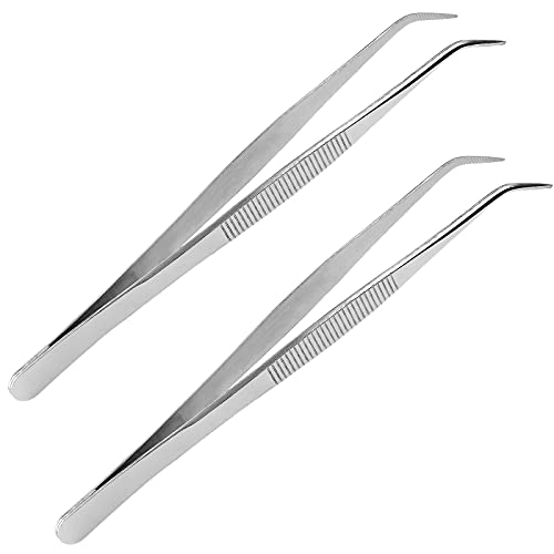 2pcs 8 Inch Stainless Steel Tweezers with Curved Serrated Tip | Heavy Duty Tweezer Tongs for Cooking Crafting Repairing - size: 8 Inch