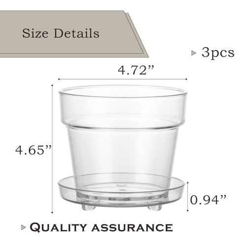 WHJY 4.7 Inch Clear Plastic Nursery Pots with Drainage Holes & Deep Saucer 3 Pack PET Round Planters for Indoor Plants Succulents Flowers Windowsill Gardening - size: 4.7”