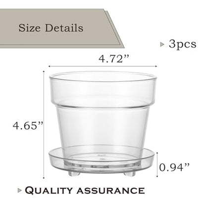 WHJY 4.7 Inch Clear Plastic Nursery Pots with Drainage Holes & Deep Saucer 3 Pack PET Round Planters for Indoor Plants Succulents Flowers Windowsill Gardening - size: 4.7”
