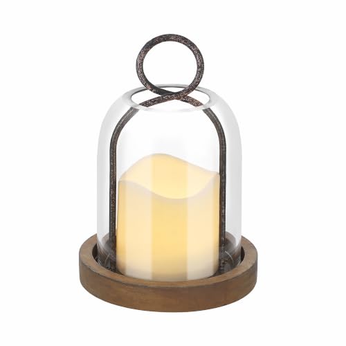 7.5" High Versatile Rustic Metal Candle Holder with Handmade Sturdy Glass Dome and Brown Wooden Base for Pillar Candle & Plants, Industrial, Farmhouse, Shabby Chic, Display Cloche Bell Jars - color: Brown, size: 5"x7.5"