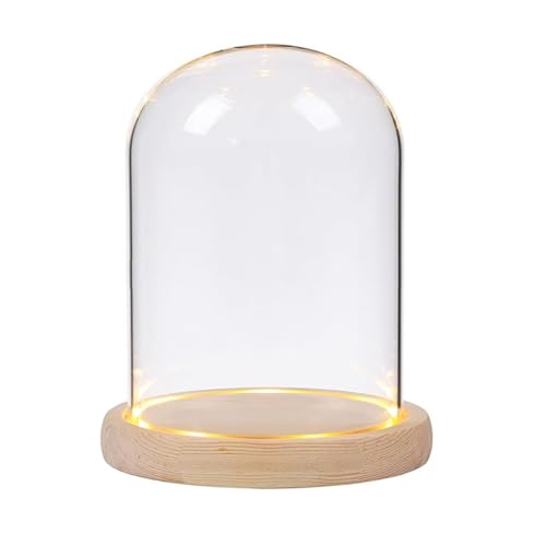 3.54" D X 4.33" H Clear Glass Dome Cloche with Natural Wood LED Lights Base, Display Bell Jar Ornament，Countertop Bell Jar Display Dome Clear Glass Display Case Deco - color: Lighted Base - Wood Color, size: 3.54" D X 4.33" H