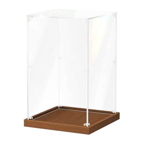JUJOMAT Acrylic Display Case for Collectibles, Clear Box 10x10x16in, Walnut - color: Walnut, size: 10 x 10 x 16 inches