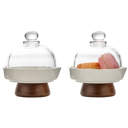 2 Pack 4 in Mini Ceramic Cake Stands with Glass Domes, White Dessert Cloche Displays with Acacia Wood Feet for Macarons, Cupcakes, Candy, Cheese, Tea Parties and Dessert Bars - color: 2 Sets 4 Inch Mini Ceramicglass Dessert Dome