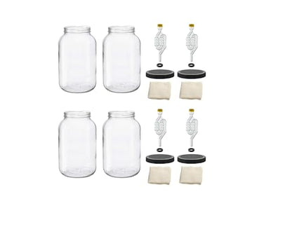 North Mountain Supply 1 Gallon Glass Wide Mouth Jar With Drilled Black Plastic Lid, 6 Bubble, & Cheesecloth - Set of 4 - USDA Approved, BPA-Free, Dishwasher Safe For Fermenting