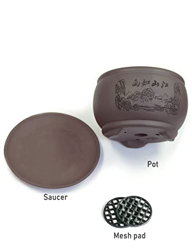 Dahlia 4.8" Beautiful Scenery Zisha Bonsai Planter/Succulent Pot/Flower Pot w. Saucer, Dark Brown - color: Style 21: Dark Brown