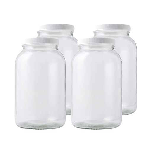 4-Pack 1 Gallon Glass Jar with Lid | Wide Mouth Food Storage Canisters | Heavy-duty Glass Jars with Airtight Lid for kombucha, pickling, canning, fermentation, cider, wine and bulk pantry storage - size: 4 Pack