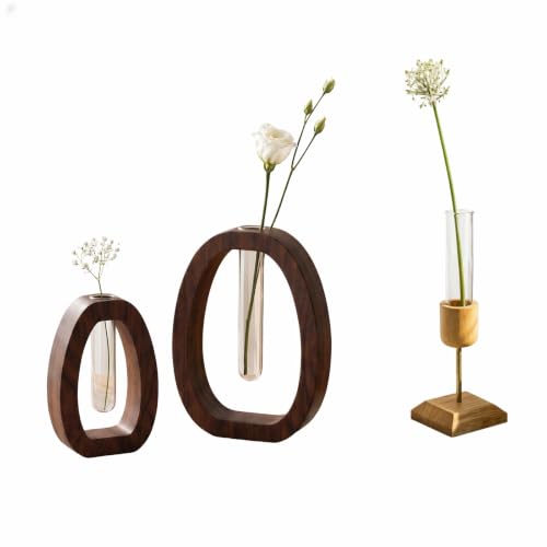 Walnut Wood Propagation Station Set of 3 Hydroponic Test Tube Vases Solid Wood Frame Glass Test Tube Vase Plant Station with Glass Propagation Vases,for Home Office Desk Decor