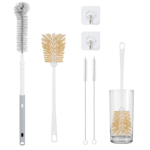 Adjustable Bottle Brush Set with Straw Cleaners & 2 Hooks 15.6" | Extends up to 15.6” to clean narrow bottles & coffee makers Pack includes fixed handle brush, straw brushes & hooks