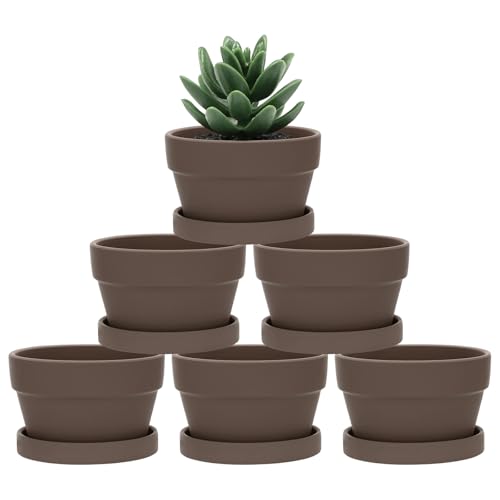 M METERXITY 6-Pack Shallow Terracotta Clay Pots, 4.3" Ceramic Small Plant Pots with Saucer and Drainage Holes for Succulent Plants/DIY Crafts, Terracotta Pottery Planters [Dark Brown] - color: Dark Brown
