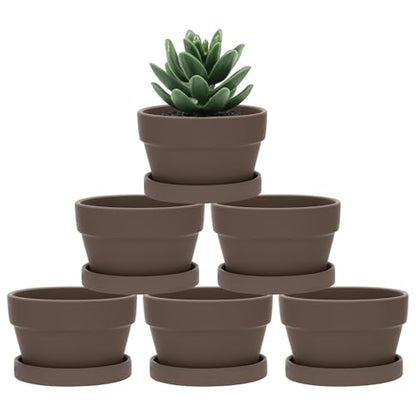 M METERXITY 6-Pack Shallow Terracotta Clay Pots, 4.3" Ceramic Small Plant Pots with Saucer and Drainage Holes for Succulent Plants/DIY Crafts, Terracotta Pottery Planters [Dark Brown] - color: Dark Brown
