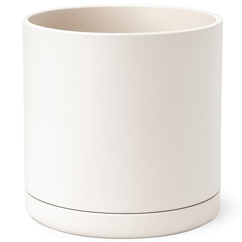 D'vine Dev Plastic Planter Pot with Saucer, 16 in, Oatmeal, 74-X-H-5 | Lightweight Matte Finish, Cylinder Shape, Drainage Holes, Sleek Minimalist Design, Detachable Saucer, Easy Maintenance - color: Oatmeal, size: 16 Inch