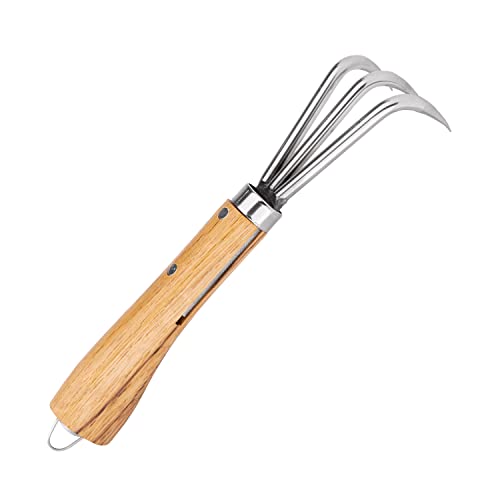 Nisaku NJP957 Nekaki Sanbondume Handheld Triple Claw Cultivator, Japanese Stainless Steel Tine Length 1.5-Inch, 5.5-Inch Polished Wood Handle - style: Triple Claw