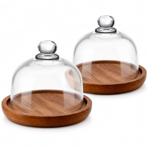 QWORK 2 Pack Mini Cake Stand with Glass Dome, 4.13 Inch Acacia Wood Base – Small Dessert Cloche for 2 Inch Cakes, Succulents & Pastries – Clear Cupcake Display for Parties & Table Decor