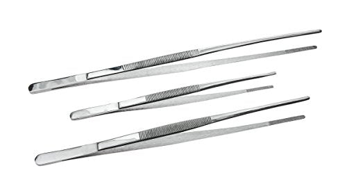 SE 3-Piece Stainless Steel Tweezer Set with Serrated Tips - Includes 8", 10", and 12" Sizes for Precision Work and General Use TW2-408