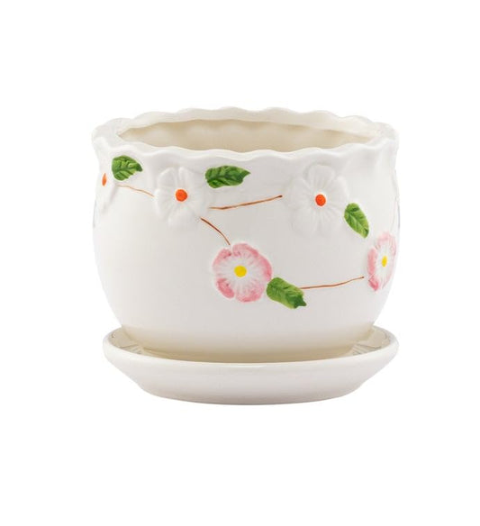 Napco Vintage Floral Ceramic Planter with Drainage & Saucer – White Scalloped Flower Pot with Pink Apple Blossom Design, Small 4.5 x 4.5 Inch for House Plants, Succulents & Herbs, Cottage Home Décor - size: Small