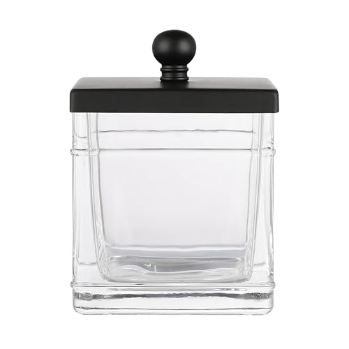 Clear Transparent Hotel Style Apothecary Tempered Glass Canister Jar W/ Matte Black Metal Lid Cover, Classic Countertop Organizer for Cotton balls/pads, Floss Picks, Makeup Storage - color: Black