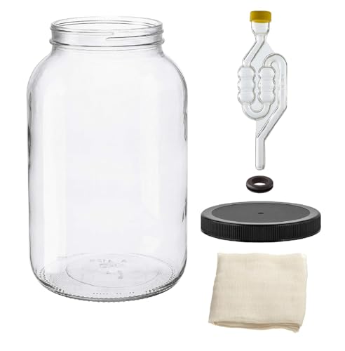 North Mountain Supply 1 Gallon Glass Wide Mouth Jar With Drilled Black Plastic Lid, Six Bubble, & Cheesecloth - USDA Approved, BPA-Free, Dishwasher Safe For Fermenting