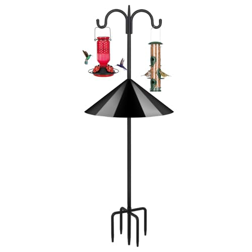 Heavy Duty Shepherds Hook Squirrel-Proof Bird Feeder Pole 108" Double Hooks 5-Prong Base & 19" Baffle for Outdoor Feeders & Plants - size: 108" w/ Squirrel Baffle
