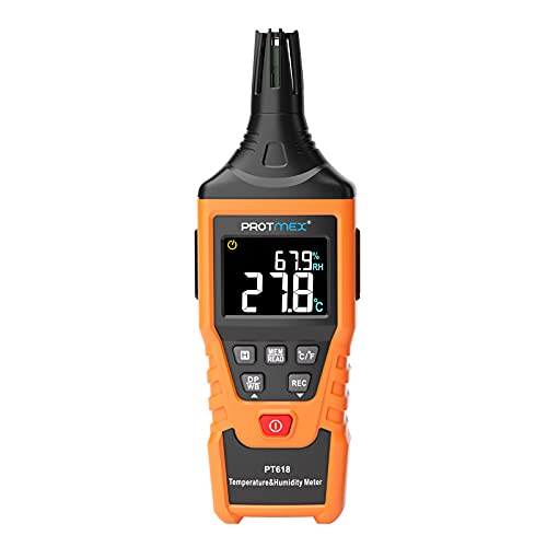 Protmex PT618 Temperature Humidity Meter - Wet Bulb for Indoor/Outdoor | Thermometer Hygrometer Monitor with Ambient, Dew Point, MIN, MAX, Data Hold, LCD Backlight - size: PT618
