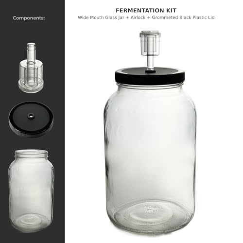 North Mountain Supply 1 Gallon Glass Jar Wide Mouth with Grommeted Black Plastic Lid, and 2-Piece Airlock - USDA, BPA-Free, Made in the USA - for Fermenting, Kombucha, and Much More! - Case of 4