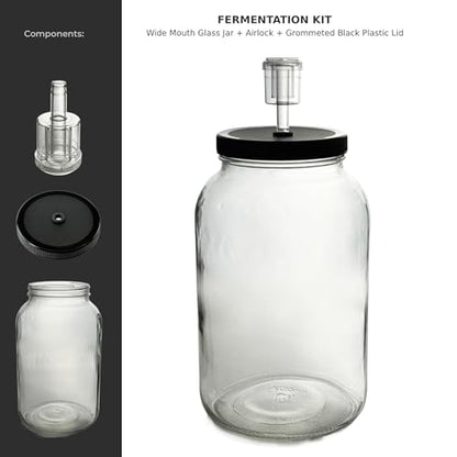 North Mountain Supply 1 Gallon Glass Jar Wide Mouth with Grommeted Black Plastic Lid, and 2-Piece Airlock - USDA, BPA-Free, Made in the USA - for Fermenting, Kombucha, and Much More! - Case of 4