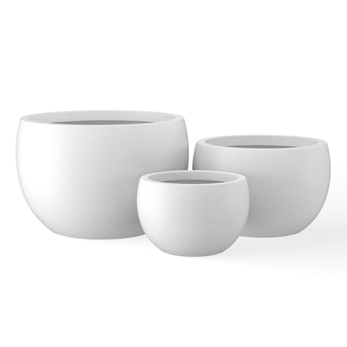 Kante Set of 3 White Concrete Bowl Planters 20" 15.7" 11.8" Dia | Drainage for Outdoor, Rubber Plug for Indoor Home, All-Weather Cement Pot, Handcraft, Lightweight & Durable, Anti-UV, Round - color: Pure White, size: 19.9"D + 15.7"D + 11.8"D