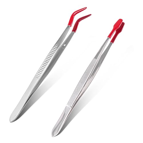 2 Pieces Rubber PVC Coated Set,Stainless Steel Coated Flat & Bent Tips,Non-Marring Tool for Stamp Tweezer Coin Jewelry Crafts Making and Sticker Tweezer (Craft Tweezers)