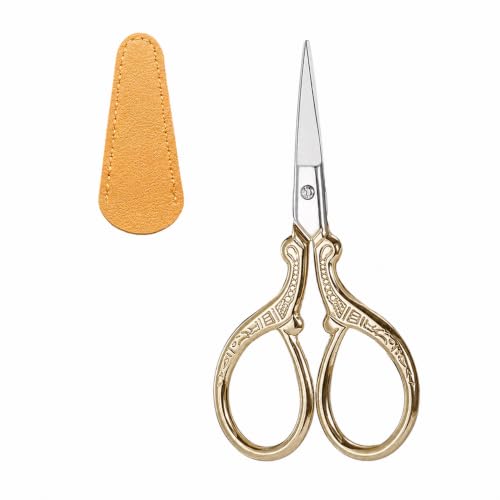 Gold Embroidery Scissors 3.6“ Small Sewing Scissors Leather Cover | Mini Needlepoint Scissors for Embroidery Sewing Crochet Craft, Sharp Stainless Steel Blades with Sheath for Travel - color: Gold
