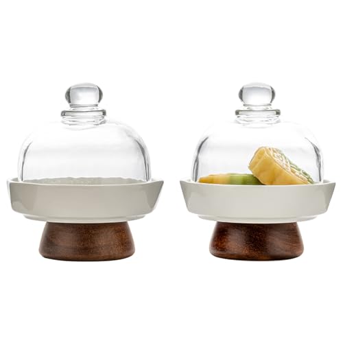 2 Pack 4 Inch Mini Cake Stands with Glass Dome Covers, Ceramic Dessert Plates with Acacia Wood Feet, Small Covered Cupcake Cloche for Macarons, Candy, Cheese, Wedding and Party - color: Two 4-inch mini ceramic dessert cups