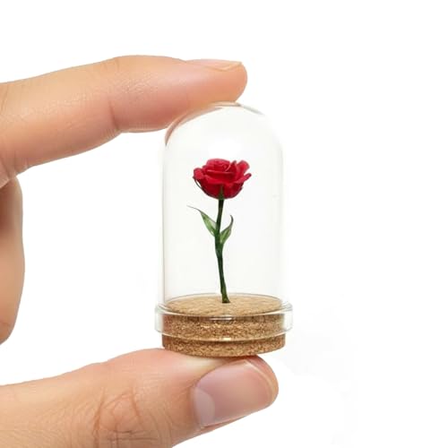 Miniature Rose in Glass Dome with Wood Base, Red Rose Figurine, Dollhouse Decor Accessory, DIY Decorative Display (Red) - color: Red