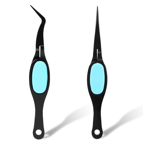Salbsever 2 Pcs Crafting Precision Tweezers - Reverse, Crossing Lock, Soft Grip With Curved and Straight Fine Point Tips for Crafts - color: Black+blue