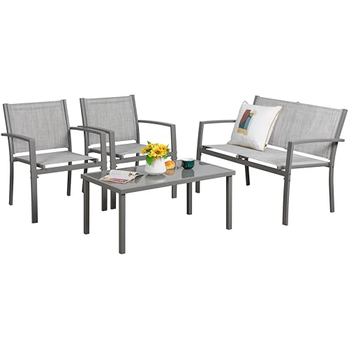 Vongrasig 4 Pieces Patio Furniture Sets,Outdoor Patio Conversation Sets with Glass Coffee Table, Small Porch Balcony Furniture, Patio Table and Chairs Set for Garden, Backyard (Silver) - color: Silver