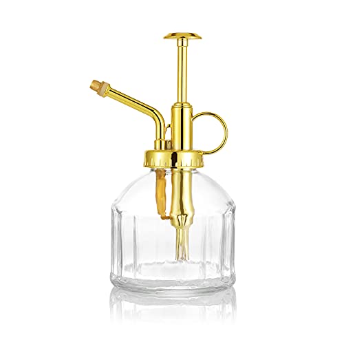 Glass Plant Mister Spray Bottle, Succulent Watering Bottle with Golden Top Pump, Vintage Plant Spritzer, Decorative Water Sprayer Small Watering Can for Indoor Outdoor Houseplant - Clear - color: Clear+Gold T
