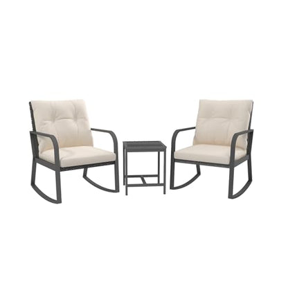 Bistro 3 Piece Patio Furniture Set, Patio Table and Rattan Outdoor Rocking Chairs Set of 2, Outdoor Bistro Conversation Set for, Garden, Balcony, Poolside, Backyard, Beige - color: Beige