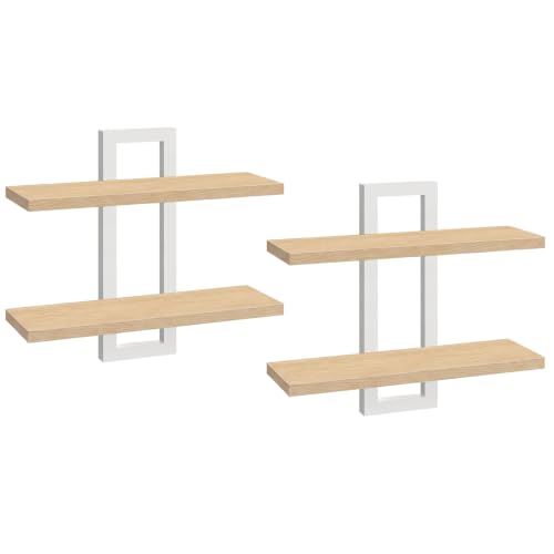 HOOBRO 2-Tier Floating Shelves, 15 Inch Wall Shelf Set of 2 - color: Natural + White
