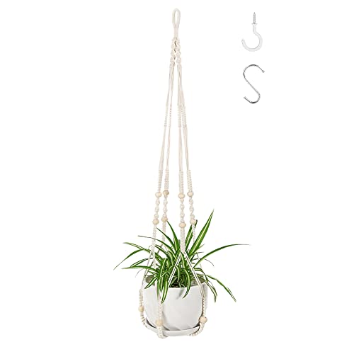 43 Inch Macrame Plant Hanger Indoor, Large Size No Tasselss Crochet Cotton Rope Hanging Planter Basket, Decorative Flower Pot Holder for Boho Home Decor (with 2 Hooks) - color: Ivory