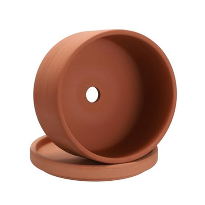 JUXYES 6 Inch Shallow Terracotta Pots with Holes and Saucers for Succulents | Built-in Drainage Hole, Wide Shallow Planter Clay Flower Pots for Indoor & Outdoor, Planter for Succulent, Cacti, Bonsai - size: 6 Inches