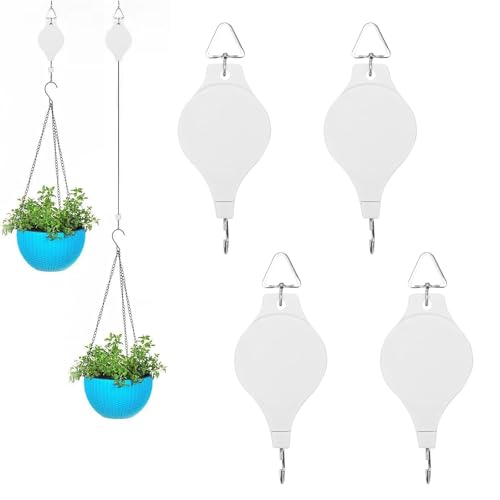 4PCS Plant Pulley Retractable Pulley Plant Hanger Hanging Flower Basket Hook Hanger for Garden Baskets Pots and Birds Feeder in Different Height Lower and Raise - color: 4pcs-white