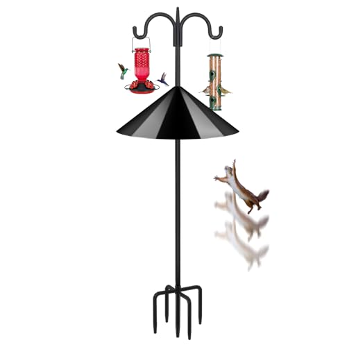 Heavy Duty Shepherds Hook Squirrel-Proof Bird Feeder Pole 92" Double Hooks 5-Prong Base & 19" Baffle for Outdoor Feeders & Plants - size: 92" w/ Squirrel Baffle