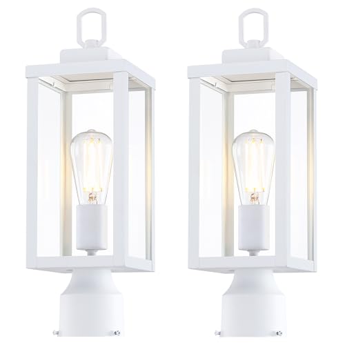 Outdoor Post Light Fixture, Tempered Glass, White, 2 Pack | Exterior Pole Lantern for Yard Garden Pathway, Waterproof Rustproof Galvanized Metal, E26 Socket, 60W Max - color: White, size: 2pk