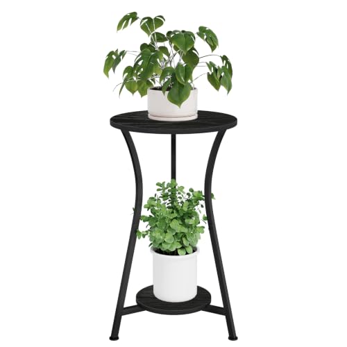 YINMIT Plant Stand Indoor, Wood Tall Plant Stand, 2 Tier Plant Shelf Holder - color: Black