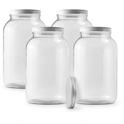 1 Gallon Glass Jar with Lid | 4-Pack Wide Mouth Set with 5 Metal Caps | Heavy-duty 1 Gallon Mason Jars Wide Mouth for fermenting, pickling and sourdough | Glass Jars with Lids include 1 bonus cap - size: 4 Pack