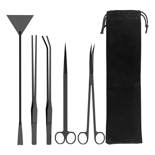 5 in 1 Aquascaping Tool Kit, Black Aquarium Plant Tools | Scissors, tweezers and sand spatula for plant trimming, planting and substrate shaping; storage bag included.